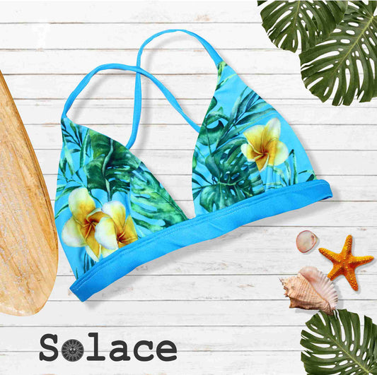 Solace Frangipani Reversible Halter Style X back Bikini Top